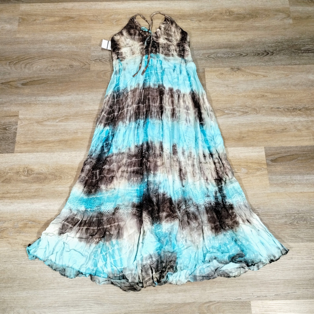 Vintage Boho Gypsy Tie Dye Halter Maxi Dress LRG Coastal Blue Y2K Beachy Vibes